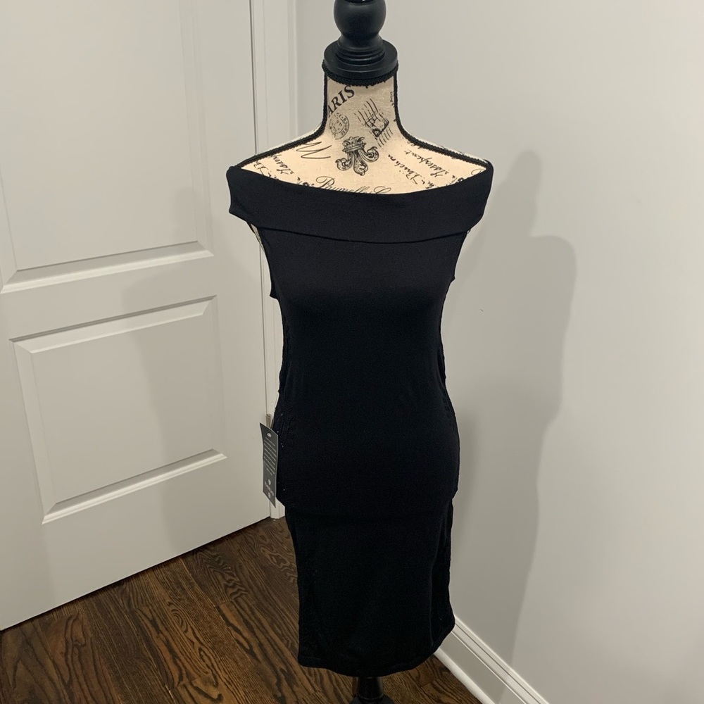 Bebe Off Shoulder Side Lace Dress (Black) (M/L)